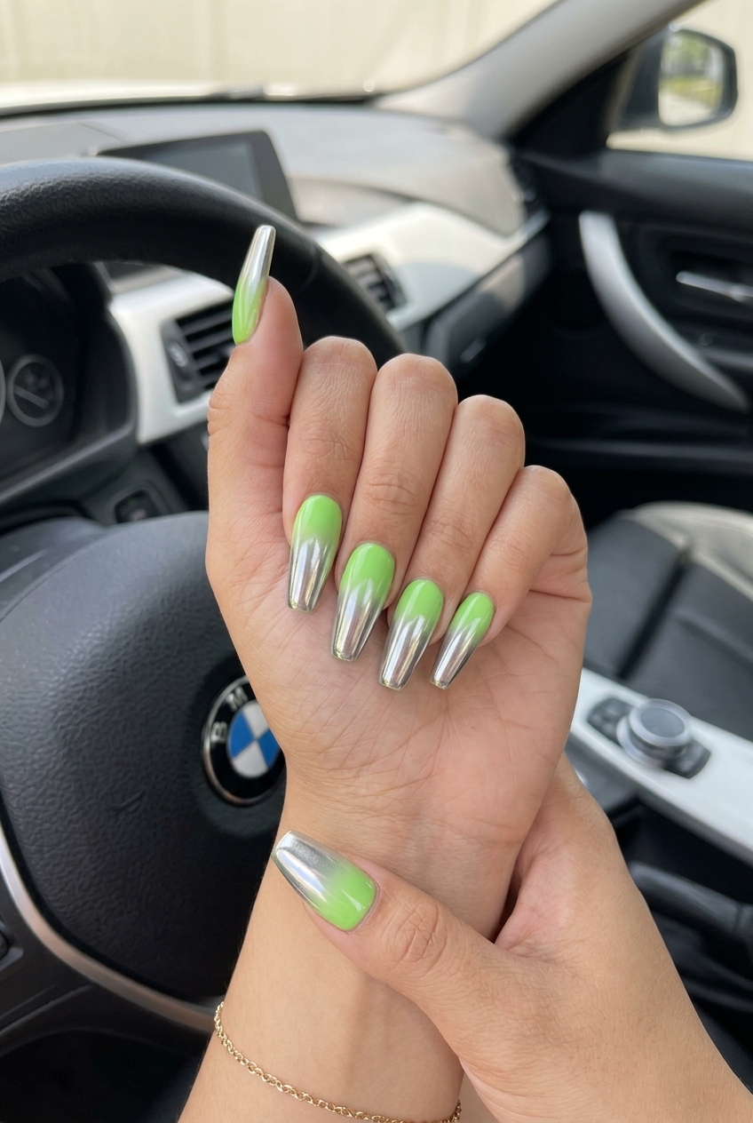 Summer Nails Coffin 2026: Lime Green Chrome Gradient Lime green chrome gradient coffin nails for summer parties 2026. Futuristic & edgy.