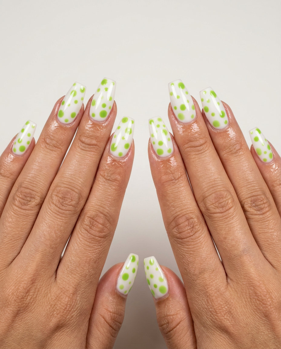 Lime Green Dot Coffin Nails 2026: Festival Fun Lime green abstract dot coffin nails for festival 2026. Playful vacation fun.