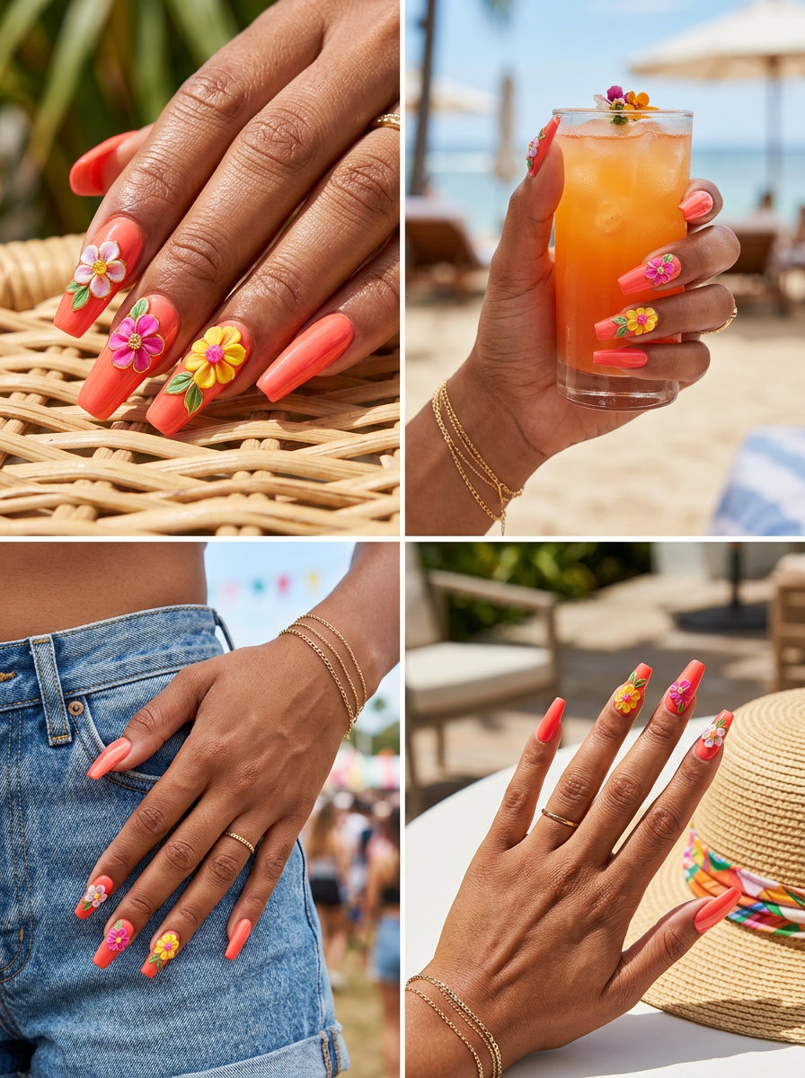 Summer Nails Coffin 2026: Vivid Coral 3D Floral Vivid coral coffin nails with 3D floral charms for summer festival 2026. Glamorous & whimsical style.