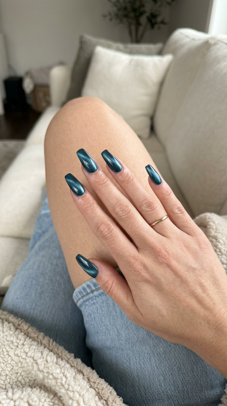 Teal Cat-Eye Shimmer Coffin Nails 2026 | Evening Glam Deep teal cat-eye shimmer coffin nails for evening events and summer parties in 2026. Sophisticated.