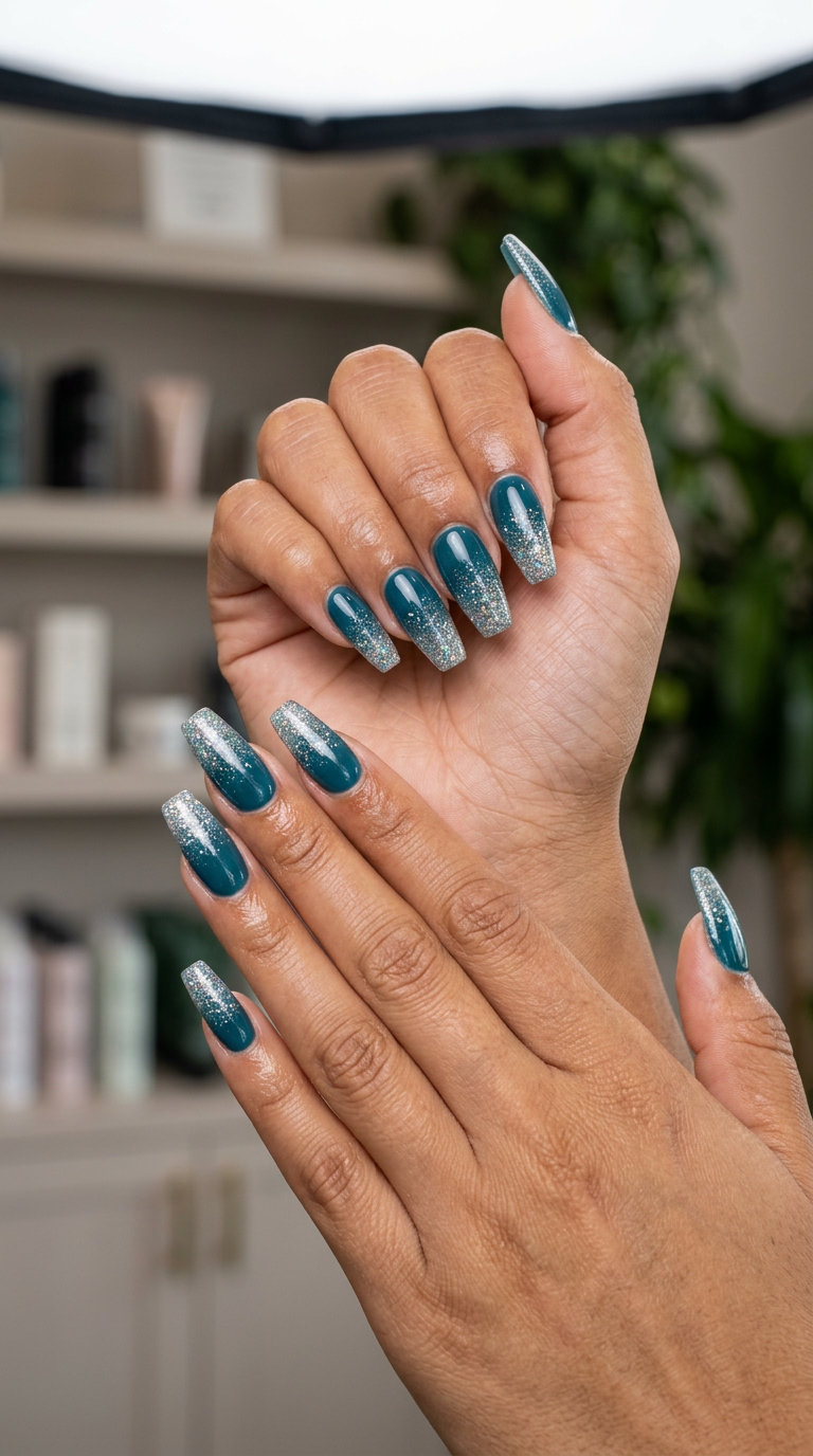 Teal Glitter Ombre Coffin Nails 2026 | Glamorous Nights Deep teal glitter ombre coffin nails for parties and summer nights in 2026. Glamorous.