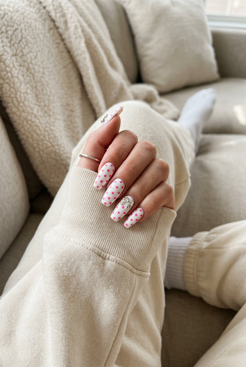 Hot Pink Dot Coffin Nails 2026 | Retro Summer Fun Hot pink dots coffin nails with silver charms for casual summer days and parties in 2026. Retro.