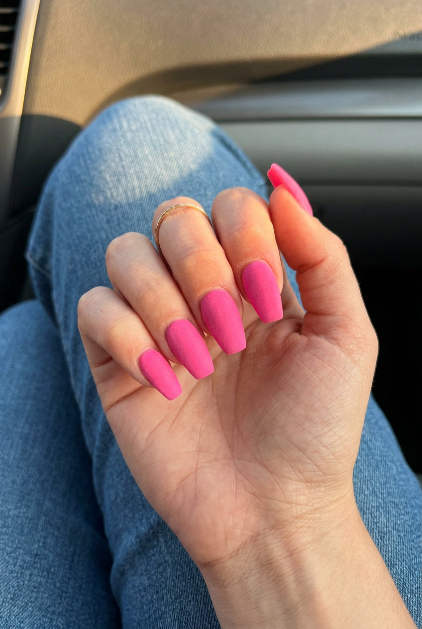 Hot Pink Velvet Coffin Nails 2026 | Date Night Glam Hot pink velvet matte coffin nails for date night and evening out in 2026. Sultry and luxurious.