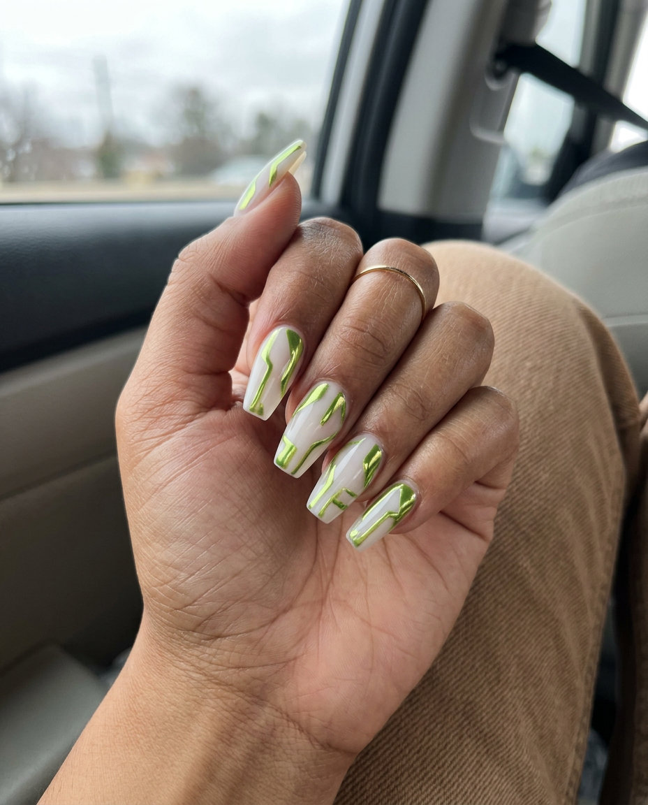 Lime Green Chrome Coffin Nails 2026 | Edgy Festival Style Lime green abstract chrome coffin nails for festivals and edgy summer looks in 2026. Futuristic.