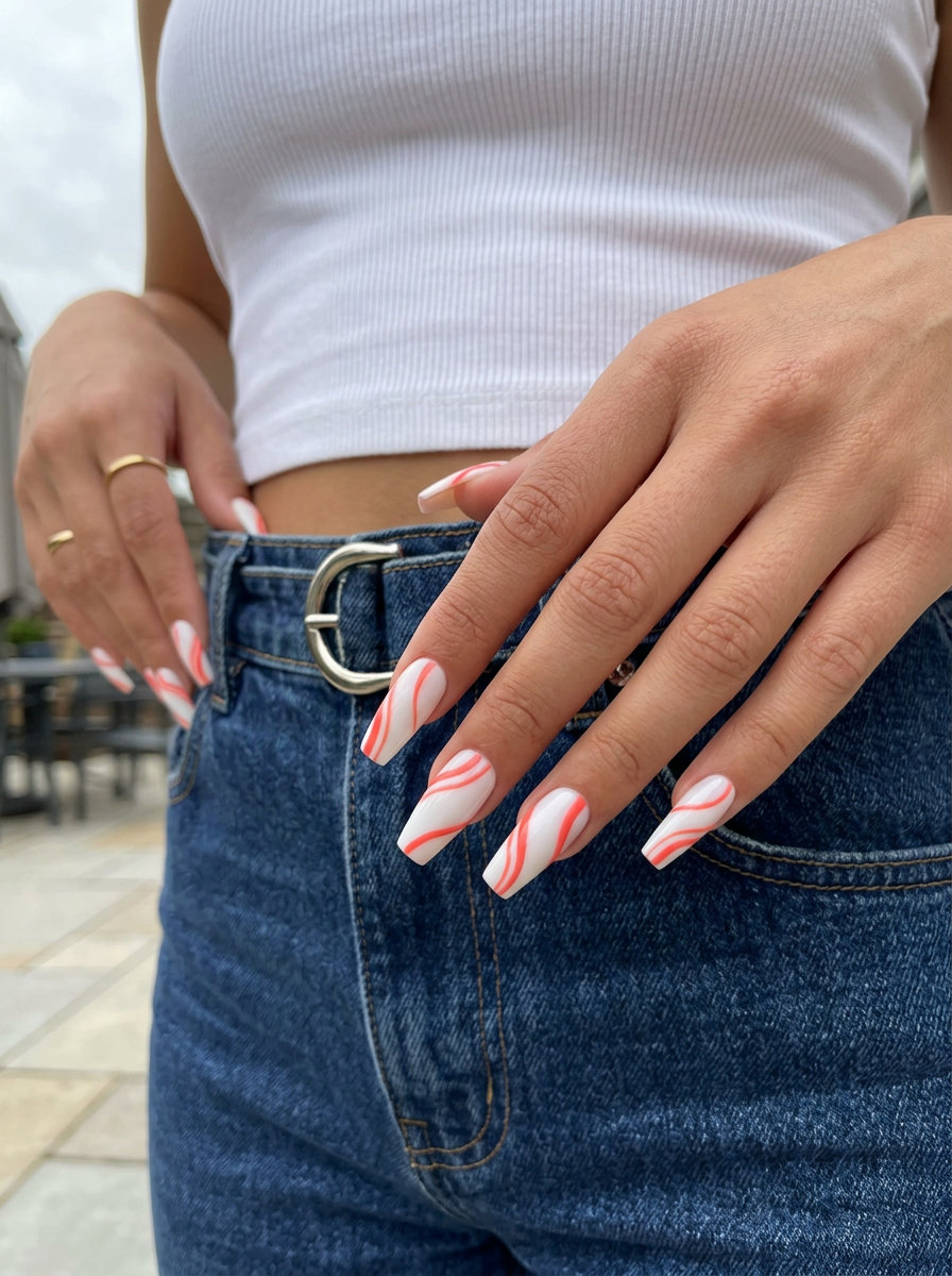 Vivid coral abstract lines coffin nails for summer evenings and business casual in 2026. Edgy.