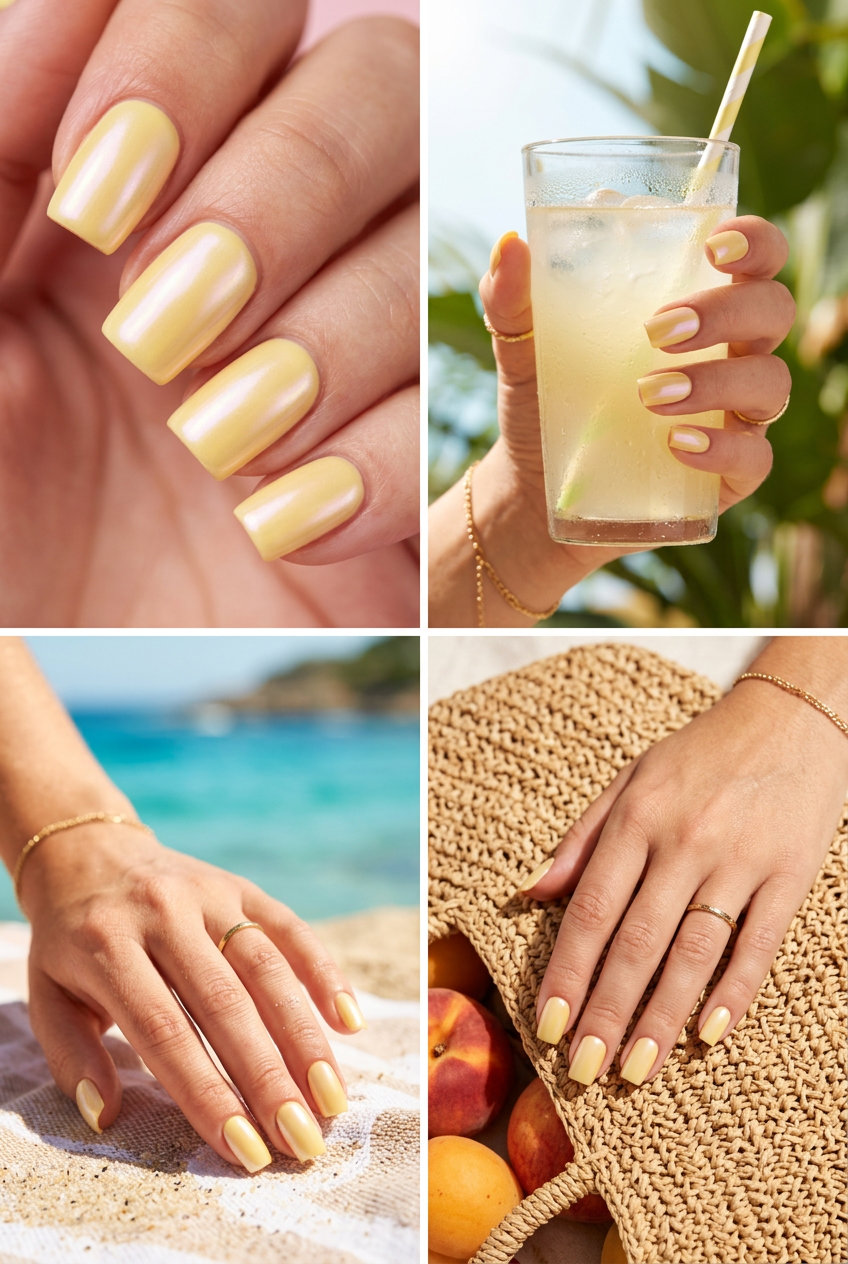 Butter yellow glazed donut square nails for summer 2026, playful for vacation and brunch.