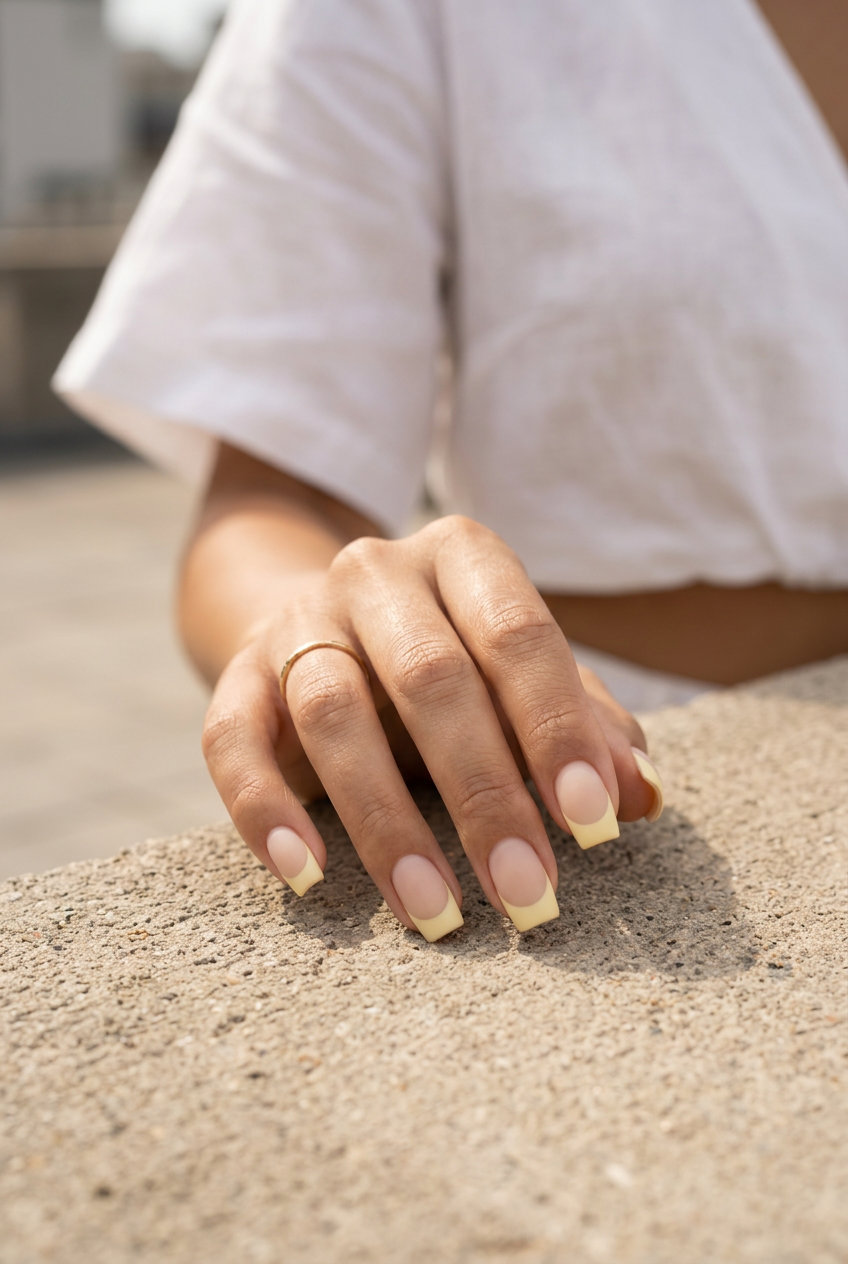Butter yellow milky French square nails for summer 2026, chic for office and casual spring.