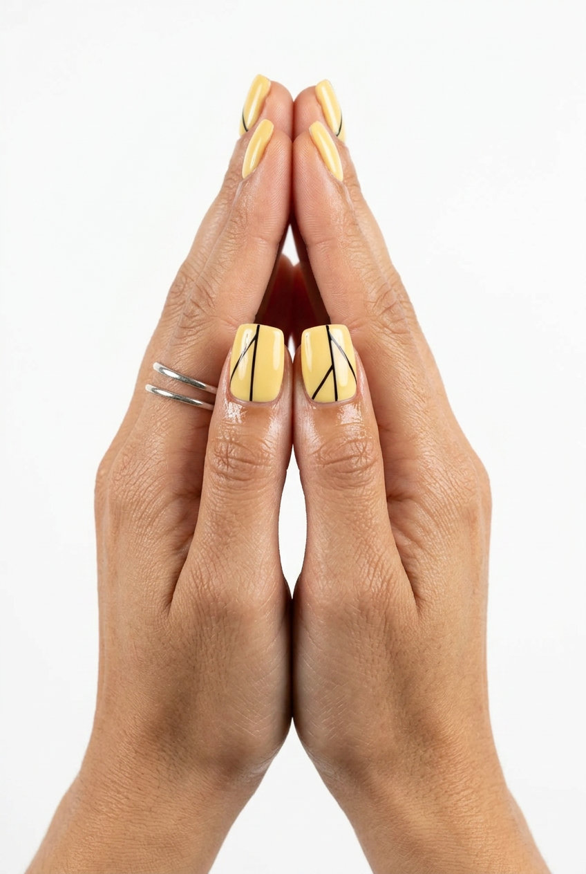 Butter yellow negative space lines square nails for summer 2026, minimalist for work and daily wear.