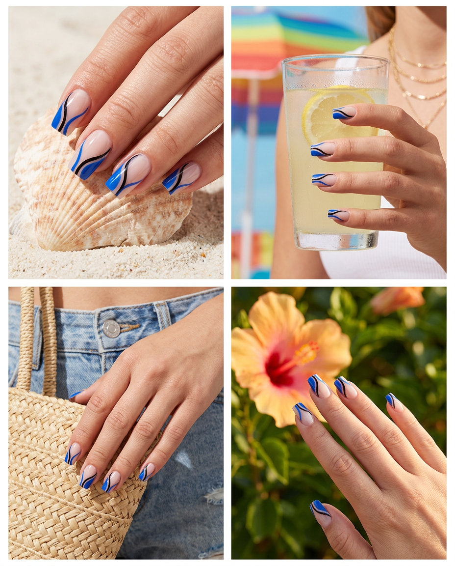 Cobalt blue abstract lines square nails for summer 2026, edgy for parties and night outs.