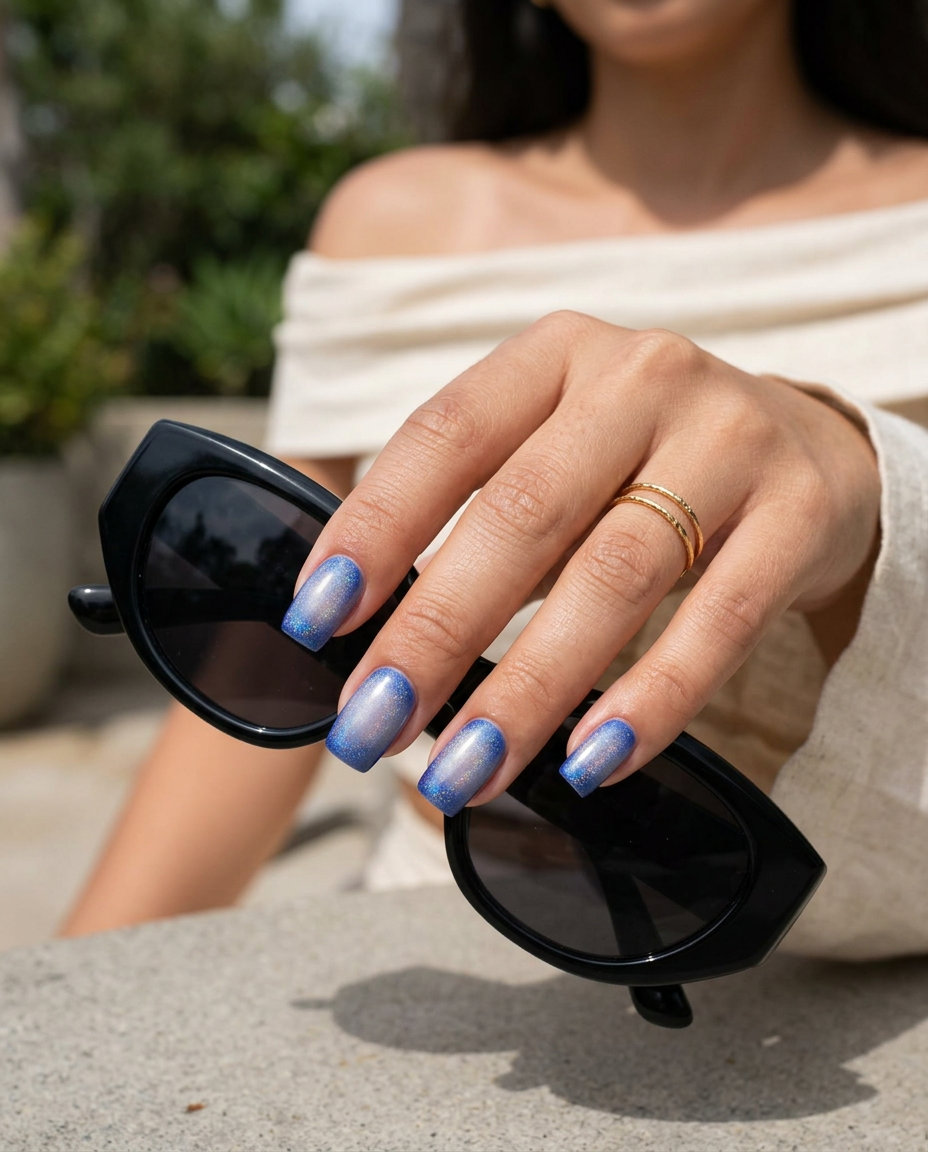 Cobalt blue aura with shimmer medium square nails for summer nails square medium 2026. Ethereal evening outfit.