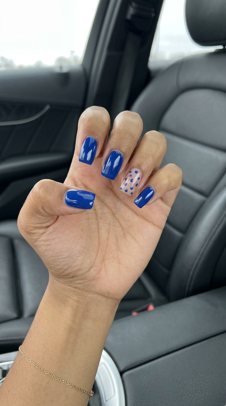 Cobalt blue dot detail medium square nails for summer nails square medium 2026. Minimalist office outfit.