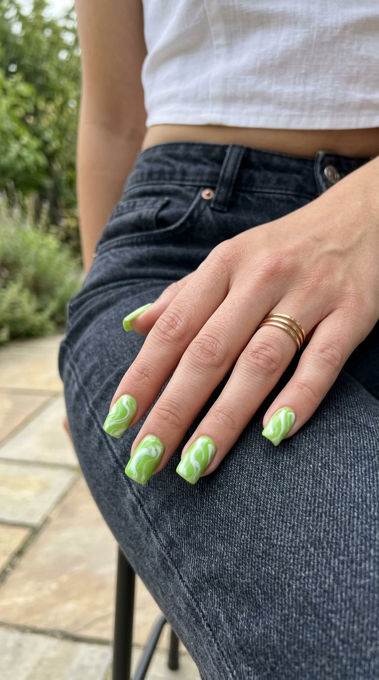 Lime green abstract marble swirls medium square nails for summer nails square medium 2026. Bold festival outfit.