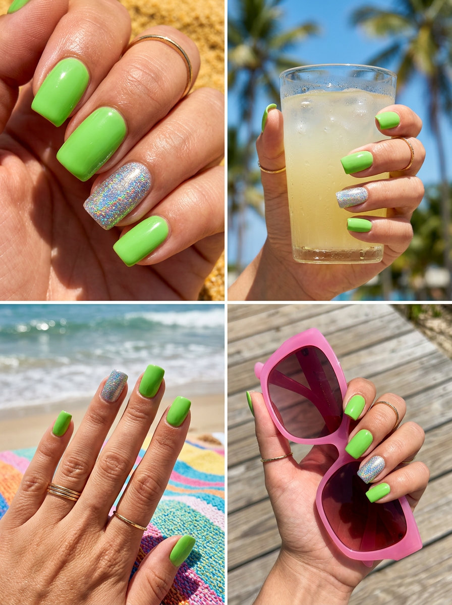 Lime Green Holographic Sparkle medium square nails for summer nails square medium 2026 festival, vacation, or concert.