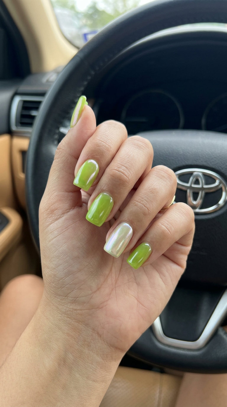 Lime green jelly glazed donut accent square nails for summer 2026, playful for vacation and festivals.