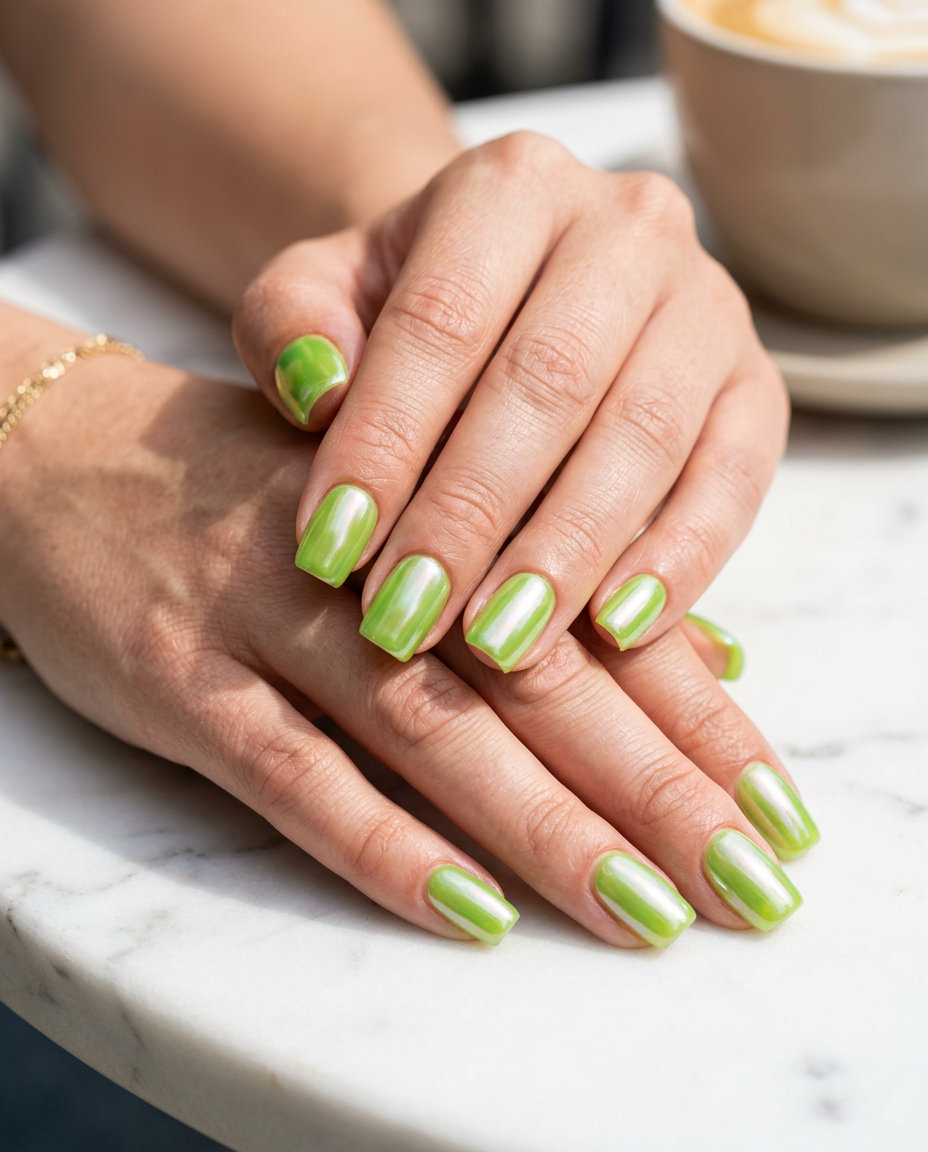 Lime green jelly glazed donut medium square nails for summer nails square medium 2026. Playful vacation outfit.