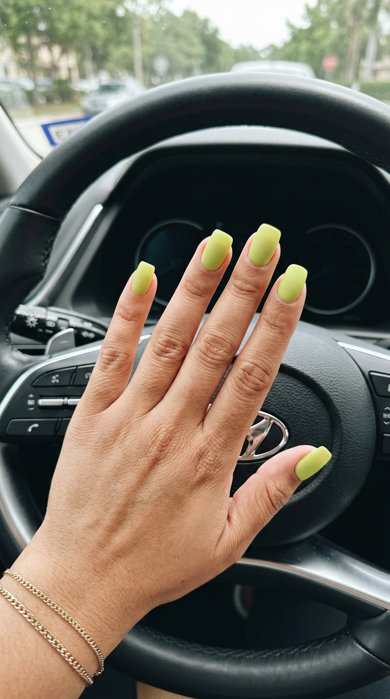 Lime green matte solid square medium nails for summer nails square medium 2026. Bold statement outfit.
