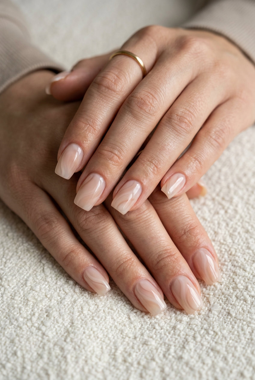 Sheer Nude Milk Bath Swirls medium square nails for summer nails square medium 2026 daily, bridal, or clean girl aesthetic.