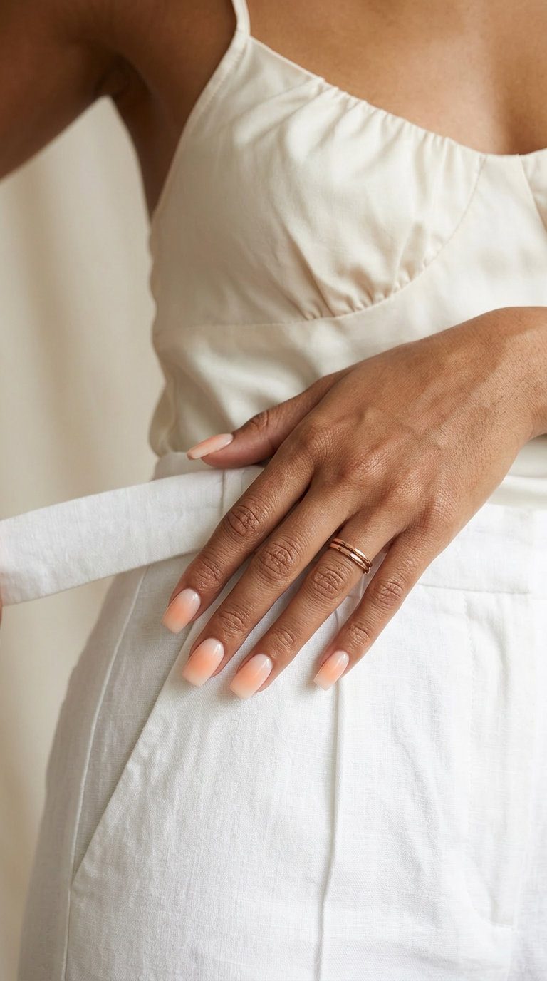 Peach fuzz creamy aura gradient square nails for summer 2026, romantic for weddings and date nights.