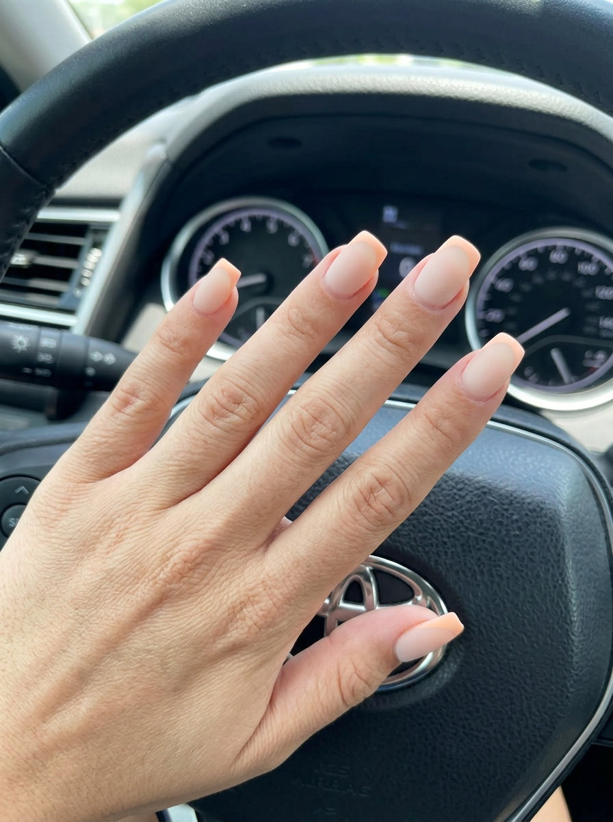 Peach fuzz matte French tip square nails for summer 2026, elegant for weddings and everyday wear.