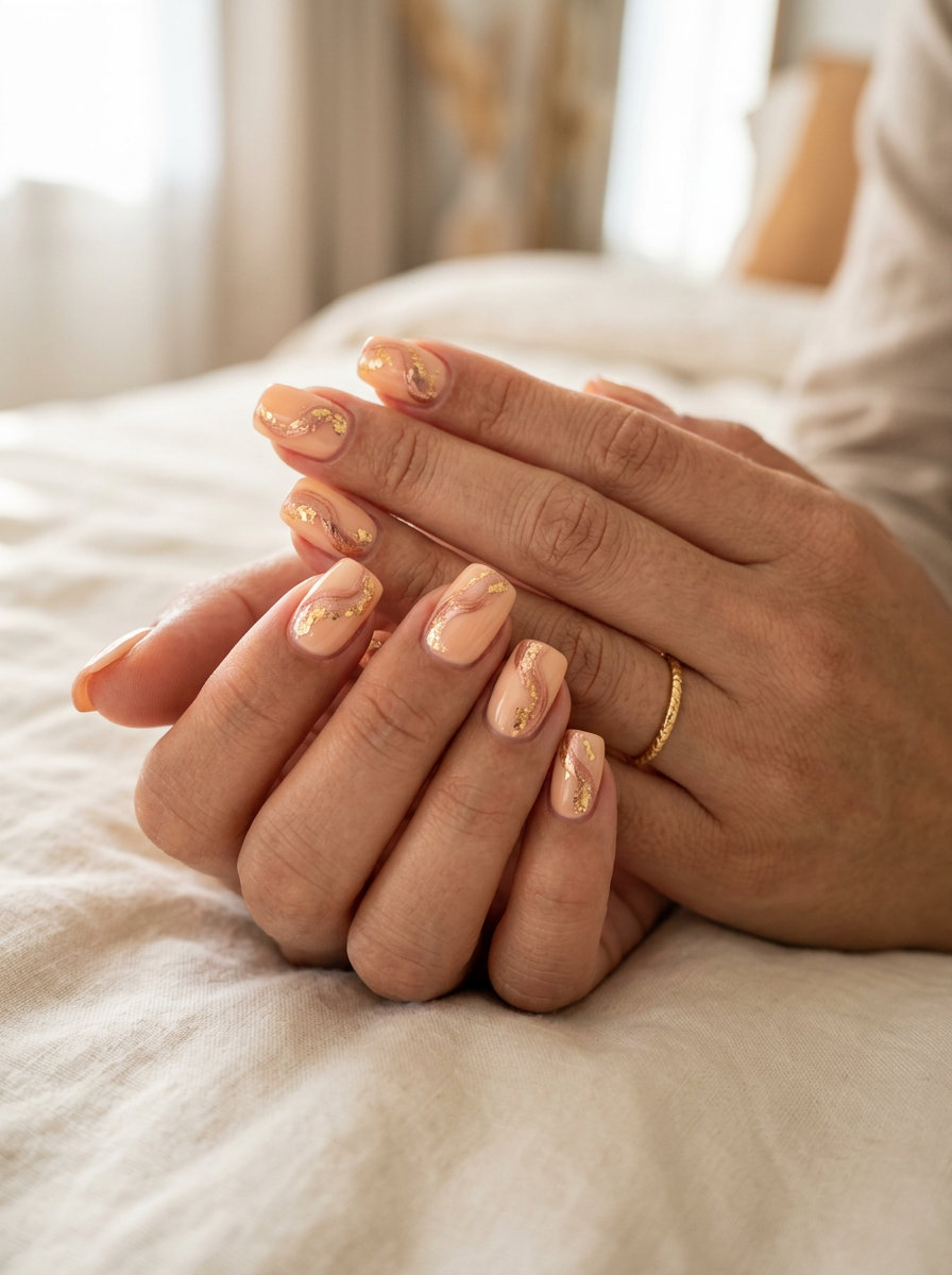 Peach swirl gold flake square medium nails for summer nails square medium 2026. Romantic, bohemian vacation outfit.