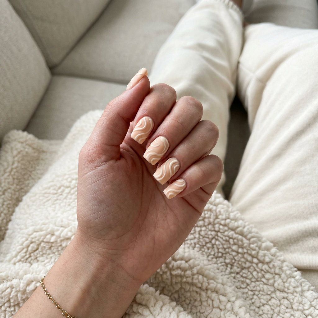 Textured peach fuzz swirls medium square nails for summer nails square medium 2026. Whimsical casual outfit.