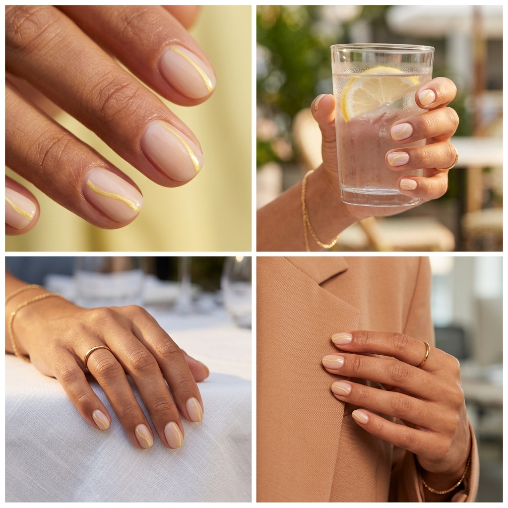 Butter Yellow Shimmer Lines Nails 2026 Milky nude nails with shimmering butter yellow lines for a minimalist, sophisticated daily wear look. Summer nails yellow 2026.