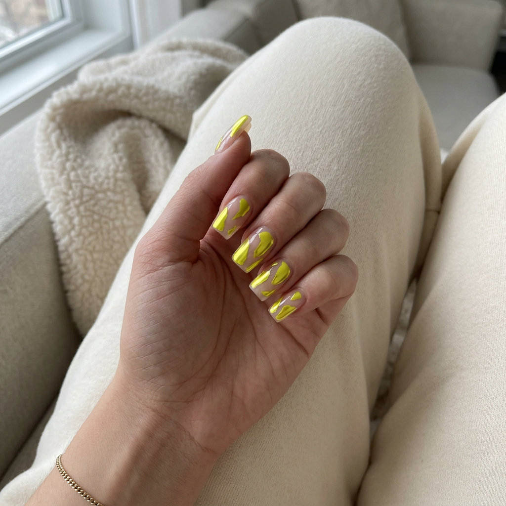 Lemon Zest Abstract Chrome Nails 2026 Lemon zest yellow abstract chrome nails for a futuristic, artistic look, perfect for festivals. Summer nails yellow 2026.