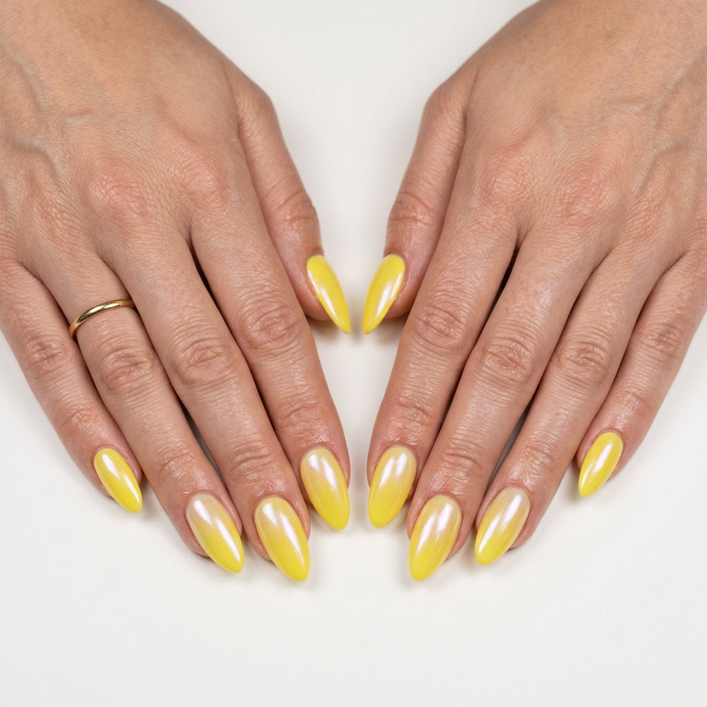 Lemon Zest Glazed Almond Nails 2026 Bright lemon zest yellow almond nails with a pearlescent glazed donut finish for a radiant, effortless look. Summer nails yellow 2026.