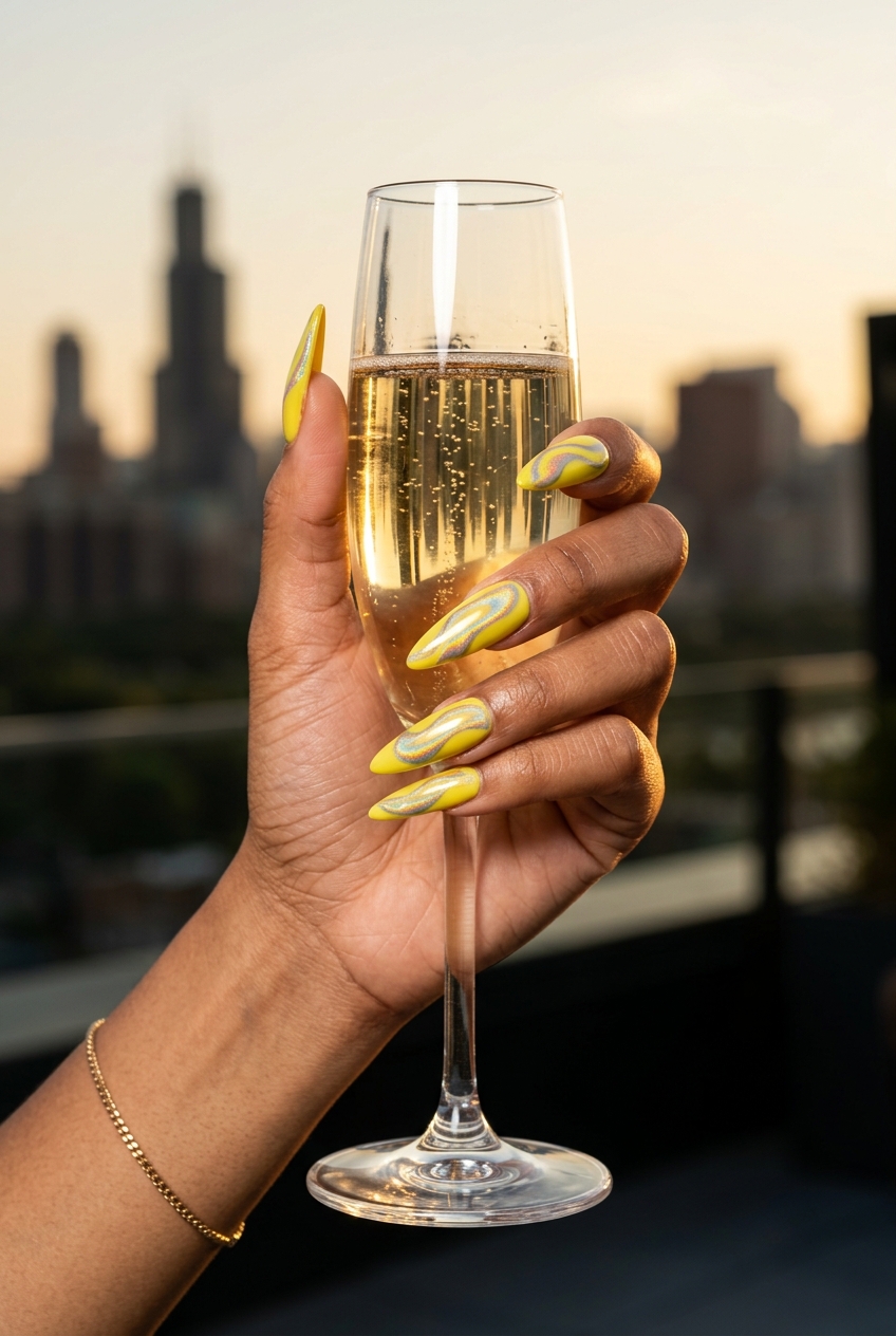 Lemon Zest Holographic Swirls Nails 2026 Lemon Zest Holographic Swirls nails: vibrant yellow stiletto with rainbow holographic swirls for parties and nights out. Summer nails yellow 2026.