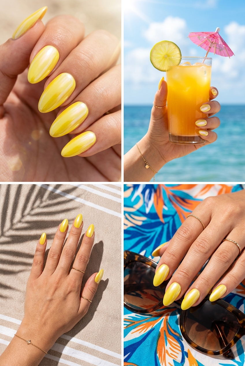 Lemon Zest Glazed Nails 2026: Radiant Summer Event Style Lemon Zest Glazed Almond nails: bright yellow with iridescent pearl glaze, perfect for casual outings and summer events.