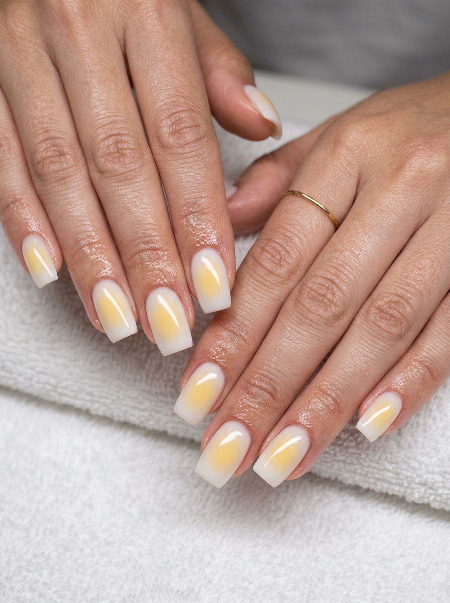 Milky Butter Aura Nails 2026 Milky Butter Aura nails: soft yellow gradient on short squoval nails for a clean, ethereal look. Summer nails yellow 2026.