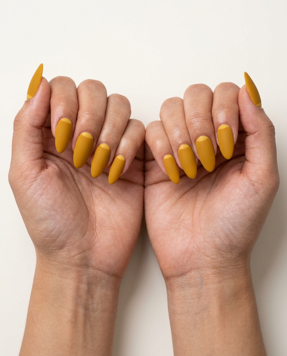 Mustard Yellow Velvet French Nails 2026 Mustard Yellow Velvet Reverse French nails: chic matte texture for evening events and date nights. Summer nails yellow 2026.