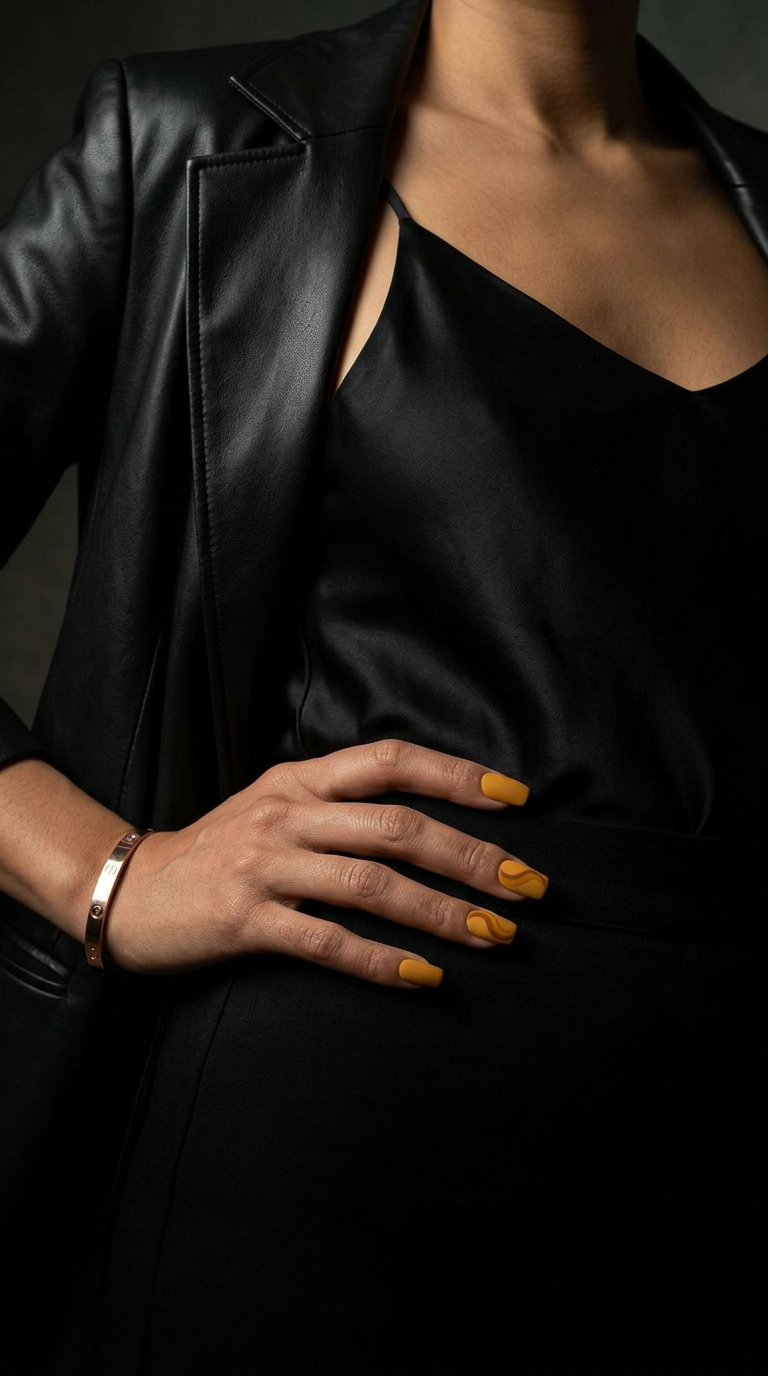 Mustard Velvet Swirls Nails 2026 Deep mustard yellow velvet matte nails with dark ochre swirls for an edgy, sophisticated look. Summer nails yellow 2026.