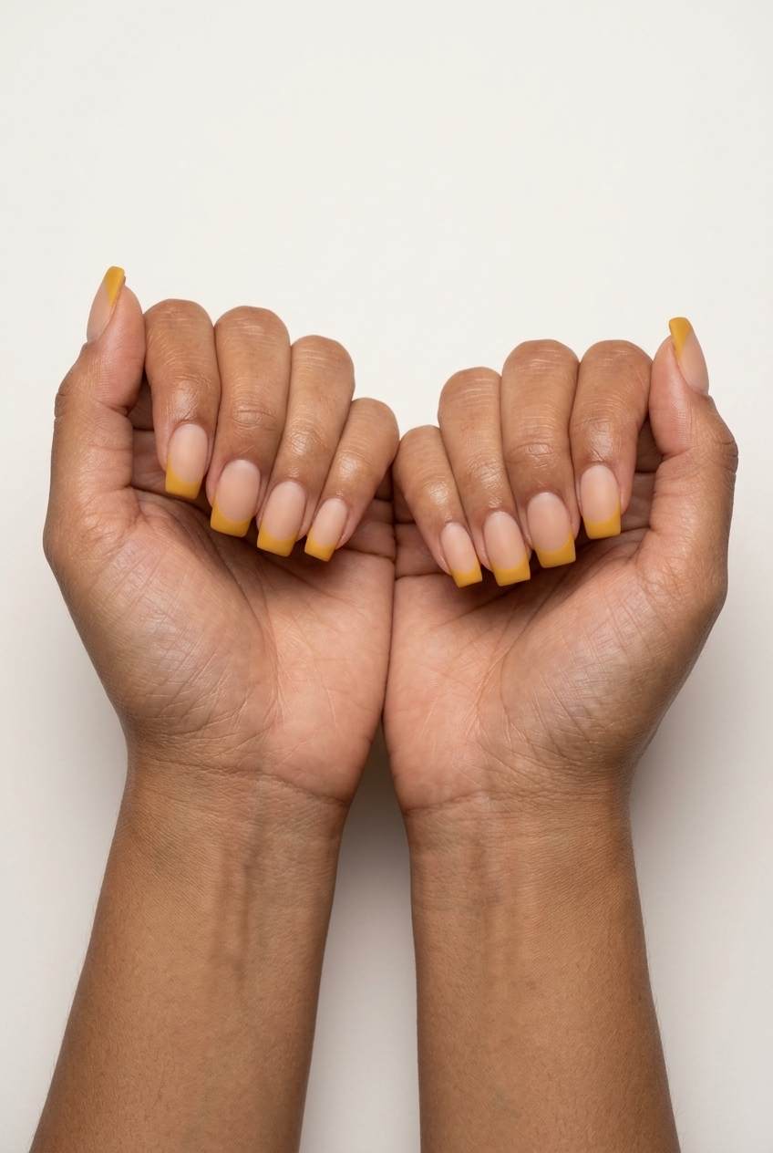 Mustard French Nails 2026: Sophisticated Work Style Mustard Yellow Matte French nails: nude base with opaque matte mustard yellow tips, ideal for work or casual chic.