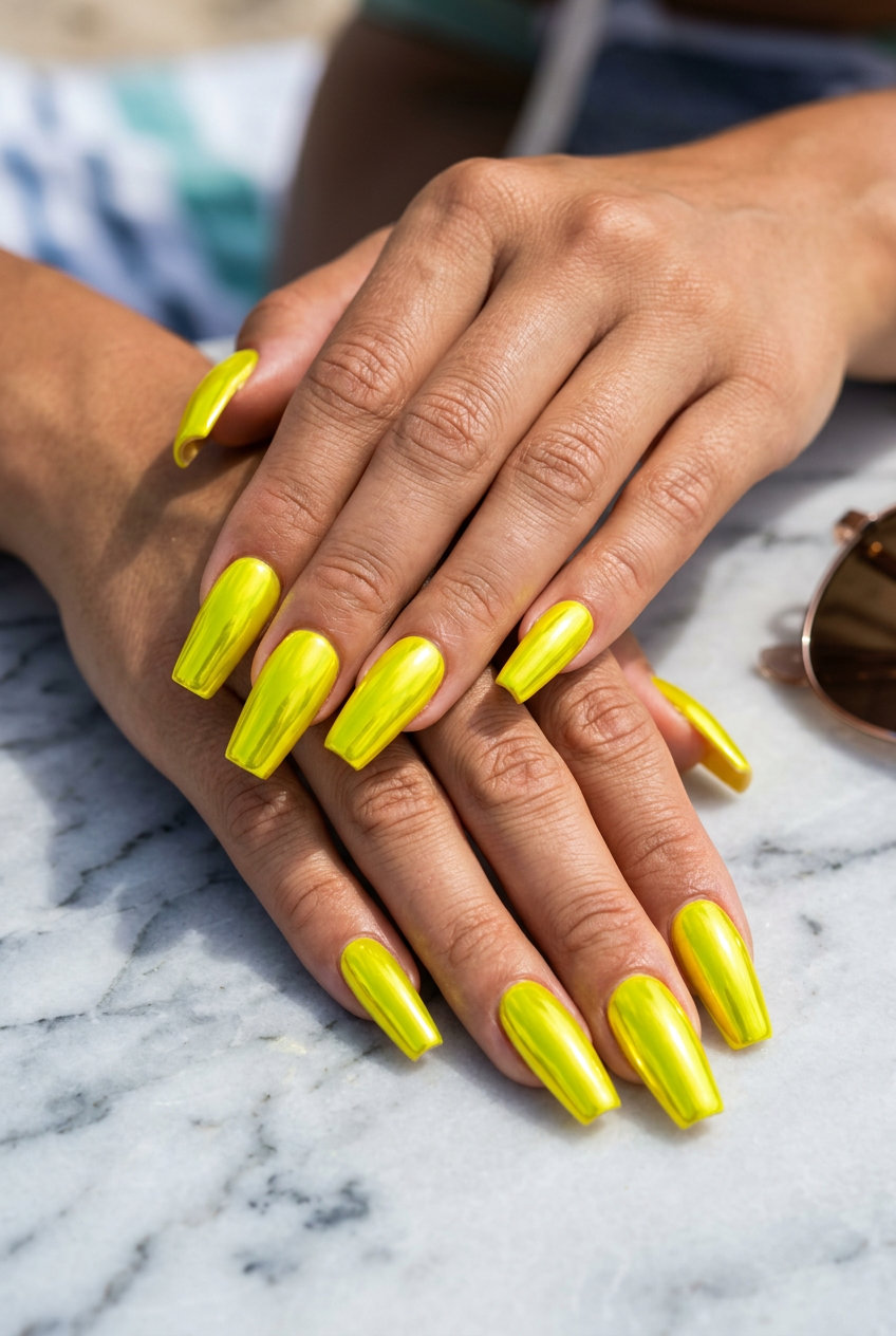 Neon Yellow Chrome Flare Nails 2026 Neon Yellow Chrome Flare Statement nails: futuristic extra-long flare shape with intense chrome for festivals and nights out. Summer nails yellow 2026.