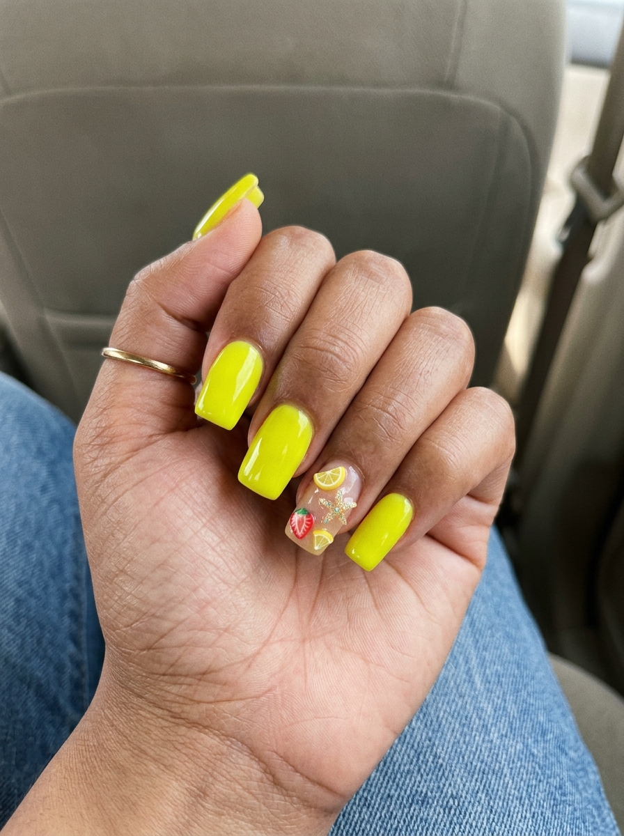 Neon Yellow Charm Nails 2026 Neon Yellow 3D Summer Charms nails: bold electric yellow with playful charms for festivals and parties. Summer nails yellow 2026.