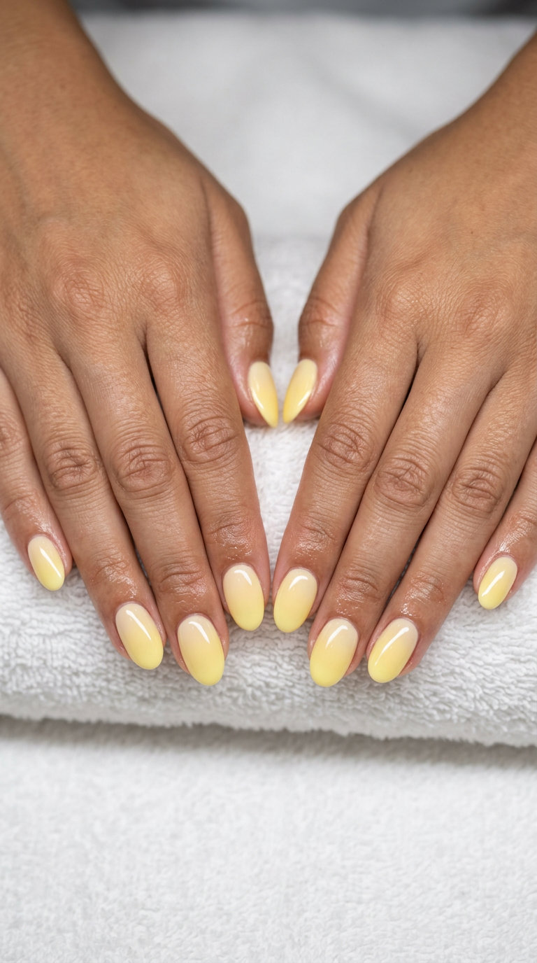 Pastel Yellow Gradient Nails 2026 Pastel yellow airbrush gradient nails for a romantic, ethereal look, perfect for weddings. Summer nails yellow 2026.