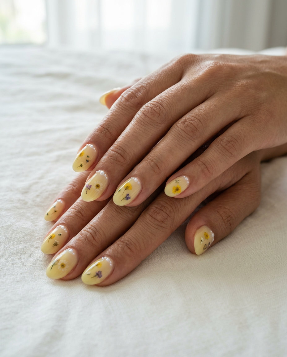 Pastel Yellow Milk Bath Nails 2026 Pastel Yellow Milk Bath nails: dreamy milky yellow with floral inclusions and micro-pearls for weddings and showers. Summer nails yellow 2026.