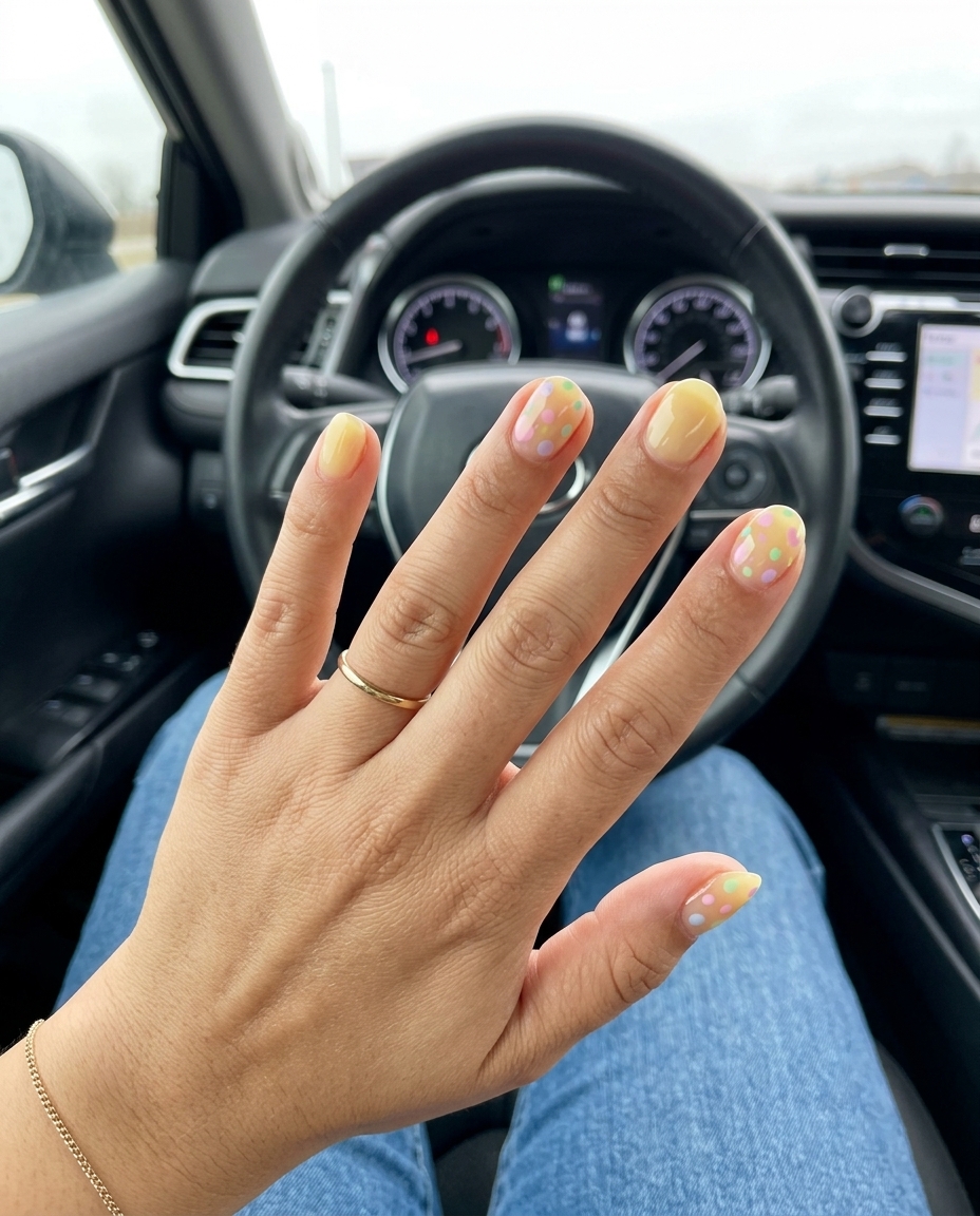 Pastel Dot Nails 2026: Whimsical Vacation Style Pastel Yellow Dots Accent nails: sheer pastel yellow with scattered pastel dots, great for vacation or summer festivals.