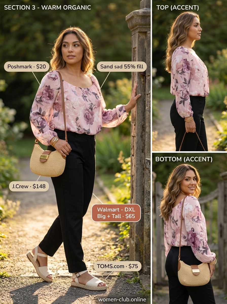Denim shorts and blush pink blouse outfit for women 2026, casual and feminine.