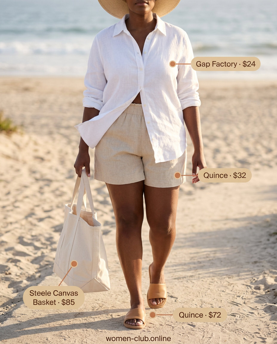 Summer Outfits for Pear Shape Women 2026: Beige linen shorts, white oversized shirt, leather sandals for casual outings.
