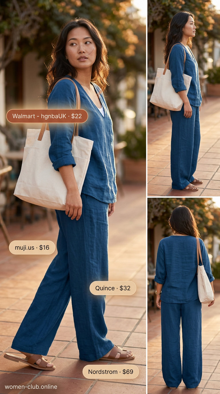 Summer Outfits for Pear Shape Women 2026: Beige linen shorts, light blue striped oversized shirt for relaxed travel.