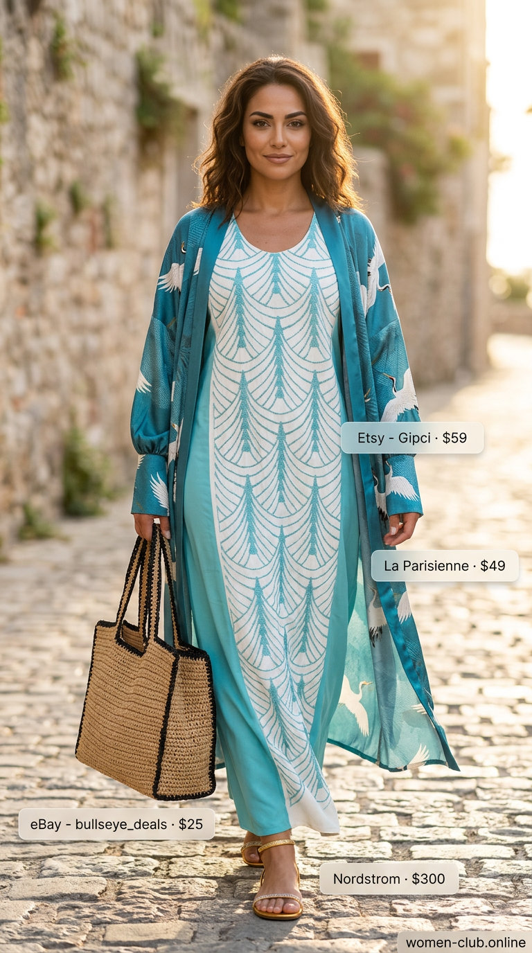 Summer Outfits for Pear Shape Women 2026: Turquoise caftan maxi dress, straw tote for beach vacation.