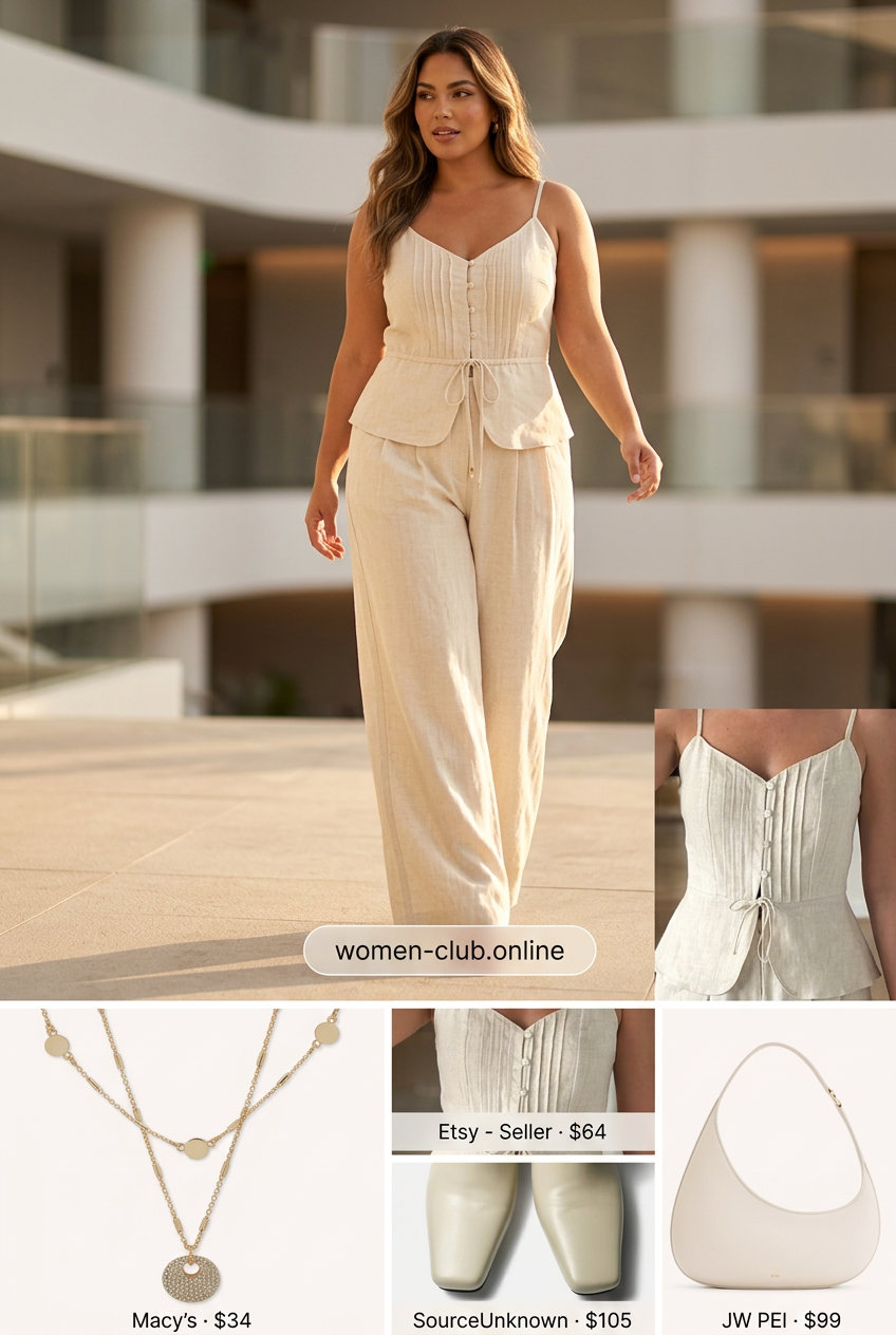 Summer Outfits for Pear Shape Women 2026: Terracotta linen co-ord set, cream mules for a chic summer event.