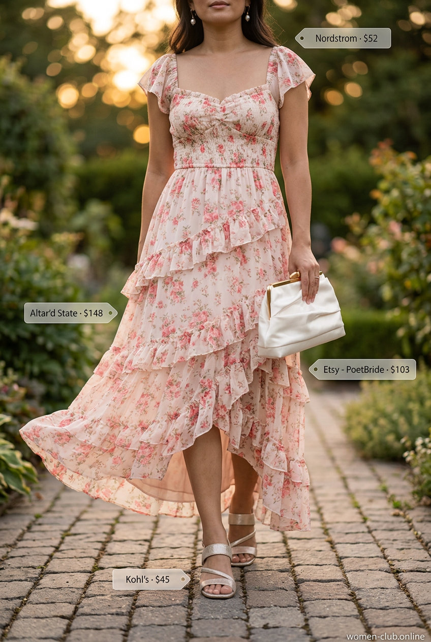 Coral floral maxi dress for pear shape women, with blush pink heels and gold pearl earrings. Ideal for summer outfits 2026.