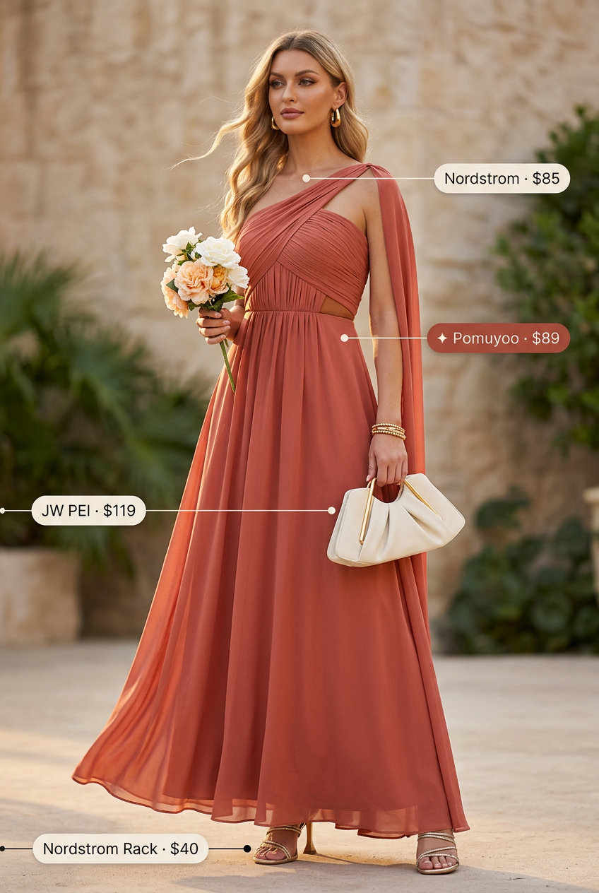Coral maxi dress for pear shape women, with metallic heels and gold hoops. Vibrant summer outfits 2026.