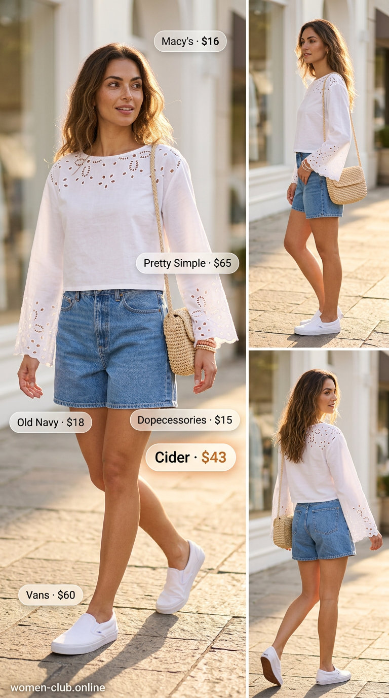 Summer Outfits for Pear Shape Women 2026: Denim shorts, white peasant blouse, canvas sneakers for casual errands.