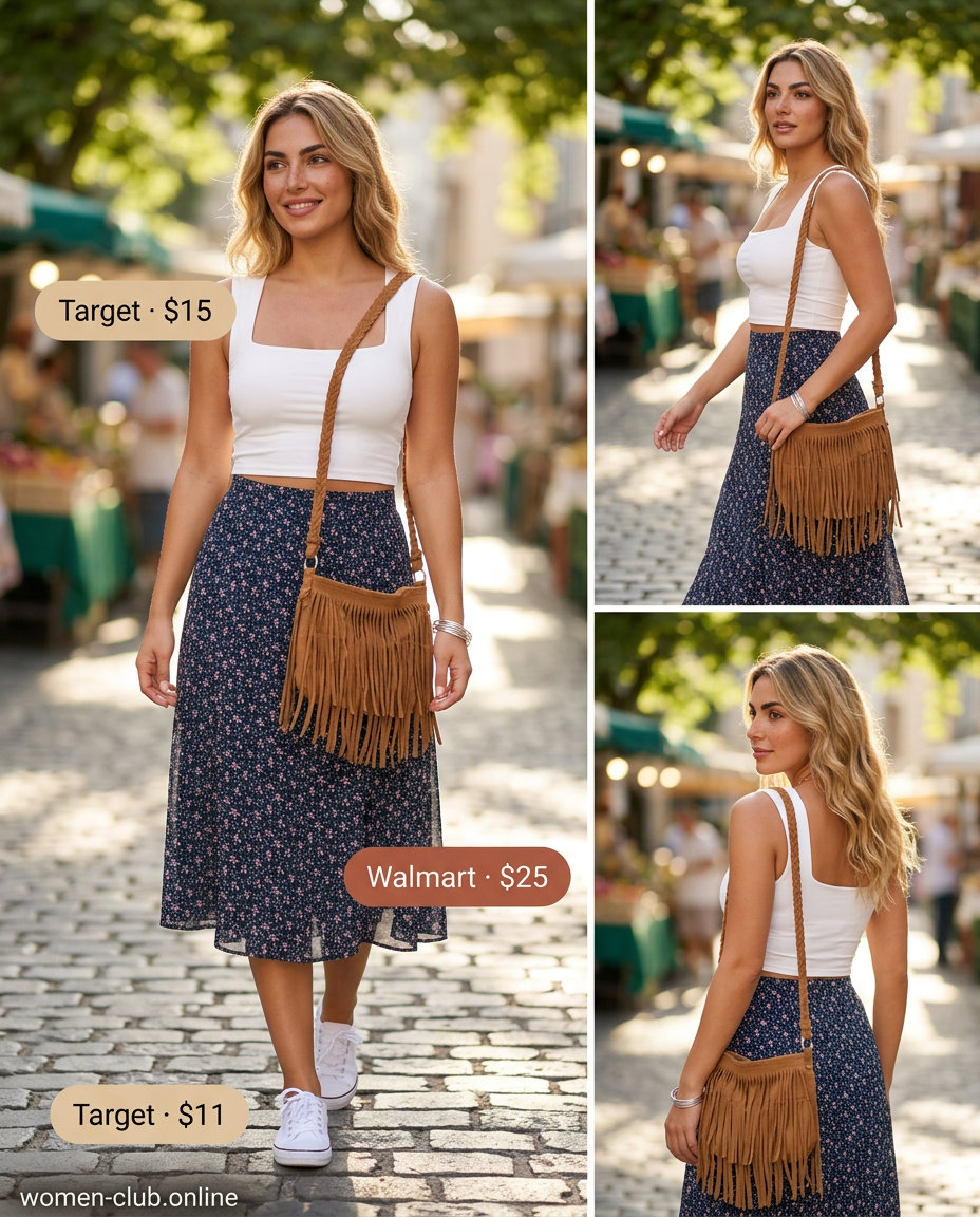 Summer Outfits for Pear Shape Women 2026: Floral midi skirt, white crop top, sneakers for a festival.