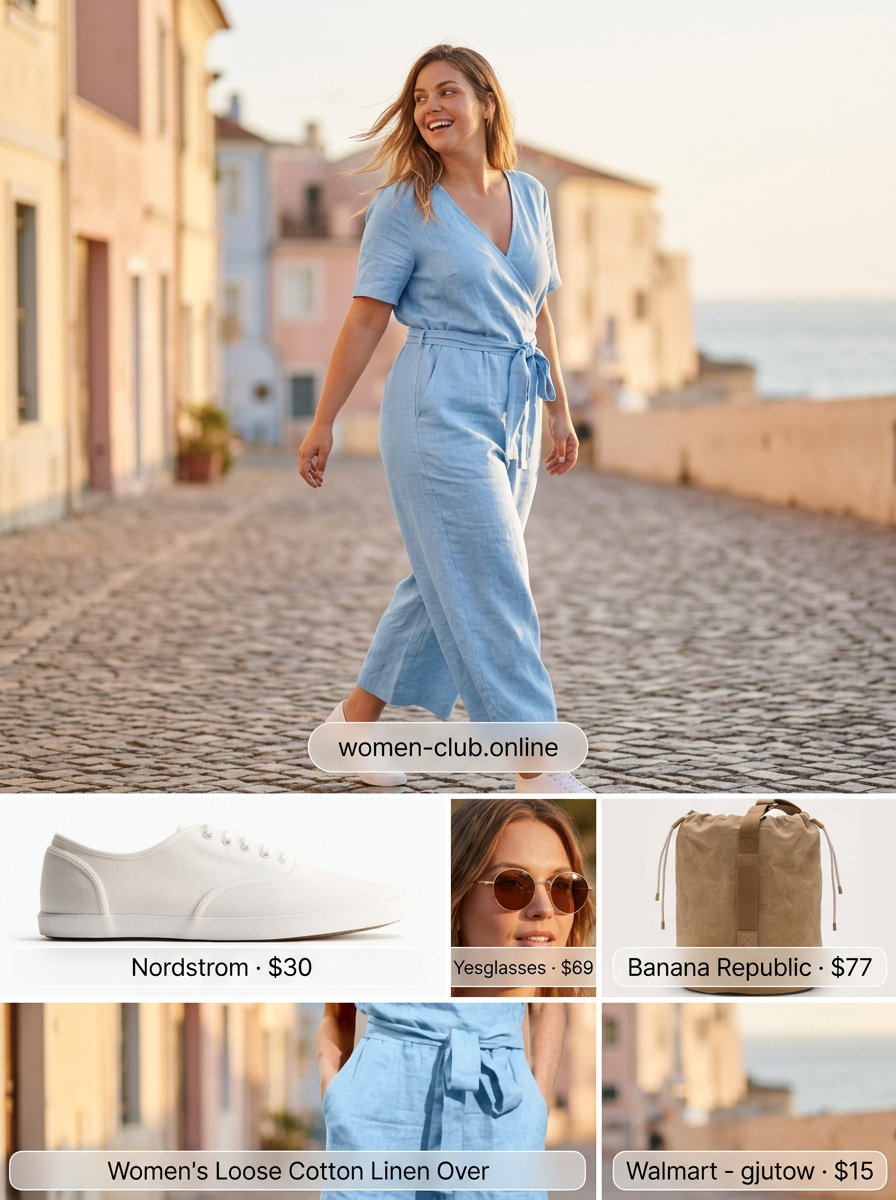 Summer Outfits for Pear Shape Women 2026: Light blue linen romper with white sneakers for a casual weekend brunch.