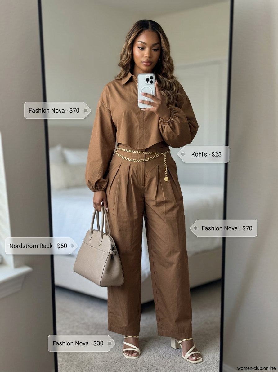 Summer Outfits for Pear Shape Women 2026: Terracotta linen wide-leg pants set with cream mules for daytime.